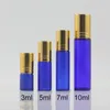 Bottle 3ml 5ml Blue Cosmetic Roll on Glass Bottle 7ml 10ml Make Up Perfume Essential Oil Massage Roller Bottles Gold Cap Free Shipping