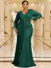 2024 Shiny Green Plus Size Mermaid Mother Of Bride Dresses Long Sleeves Beads Sequined Sexy V Neck Lace Applique Formal Dress Evening Robes De Fete Custom Made