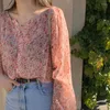 Women's Blouses MEXZT Sweet Sunscreen Shirt Women Casual Holiday Floral V Neck Chic Chiffon Blouse Korean Fashion Elegant Loose All Match