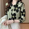 Kvinnors blusar Autumn 2024 Lolita Style Tryckt långärmad skjorta Fashion Thin Satin Girl's Top Floral Pattern Lantern