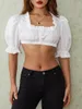 Mulheres camisetas Mulheres S Puff Manga Curta Low-pescoço Plissado Ruffle Hem Peplum Crop Tops Lace Babydoll Loose Fit Blusa