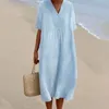 Casual Dresses Vintage Cotton Linen Women's Dress Solid Loose Straight V-neck Pullover Maxi Summer Knee Length Boho Tunic