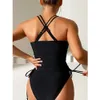 Solid Color Swimsuit Women High Waist Tankini V-neck 2 Piece Suspender Bikini Bathing Suit Lace-up Backless Beach Swimwear 240112
