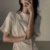 Robes de soirée 2024 Summer Korean Fashion Bandage Split Side Long T-shirt Robe Femmes - Col Casual Y2K Sexy Asymétrique Tee Robe