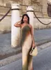 Casual Kleider Gedruckt Tie Dye Hängenden Hals Maxi Kleid Frauen Backless Off Schulter A-Linie Mid-Kalb Sommer Chic Weibliche straße Vestidos