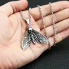 Punk Retro Death Head Skull Butterfly Moth Pendant Necklace For Men Boys 14K White Gold Chain Fashion Amulet Jewelry