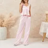 Women's Two Piece Pants Wsevypo Women Feather Trim Satin 2 Sets Casual Summer Lounge Wear Outfit Sleeveless Straps Caim Tops Wide Leg