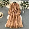 Palace Style Dress 2024 New Heavy Industry Embroidered Hollow Flower Slim Fit Mid length Bubble Sleeve Dress