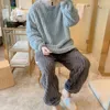 Active Sets Two-Piece Autumn And Winter Thickened Warm Flannel Man Women Pajamas O-neck Solid Long Sleeve Pants Black Homewear Set