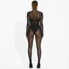 Autunno Inverno Mesh See Through Nero Bodycon Tuta Ropmers Donna Sexy Manica lunga Party Club Tute Abiti 240112