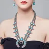 Anhänger Halsketten Damen Vintage Legierung Halskette Charms Türkis Ochsenhorn Schmuck (Blau)