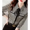 Lente Herfst Elegante Mode Houndstooth Print Lace Up Shirt Dames Lange Mouw Temperament All-Match Blouse Femme Vest Top 240112