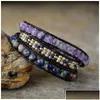 Beaded Cool Black Leather Wrap Bracelets W/ Natural Stone Triple Statement Strand Bracelet Bijoux Femme Bohemian Beads Jewelry Y20073 Dhiyx