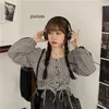 女性用ブラウス2024 Blusas Mujer de Moda Square Collar Plaid Women Chic Drawstring Long Sleeve Shird Fashion Vintage Korean Blouse Tops