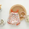 Rompers 2023 Zomer Baby Bodysuits Wafle baby meisjes kleding fruitprint peuter één stuk met hoofdband H240508