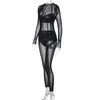 Autunno Inverno Mesh See Through Nero Bodycon Tuta Ropmers Donna Sexy Manica lunga Party Club Tute Abiti 240112