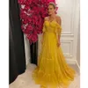 Yellow Sweetheart A-Line Prom Dresses Off the Shoulder 3D Flowers Tiered Tulle Evening Dresses Open Back Formal Prom Gowns YD