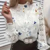 Blusas de mujer Camisa de mujer Ahueca hacia fuera el remiendo del cordón Estampado floral Manga larga Cuello redondo V Blusa cómoda de longitud media suave de un solo pecho