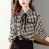 Primavera outono elegante moda houndstooth impressão rendas até camisa senhoras manga longa temperamento all-match blusa femme cardigan topo 240112