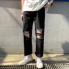 Men's Jeans Men Ankle-length Hole Solid Retro Streetwear All-match Teen Straight Trouser Loose Leisure Harajuku High Street Chic S-3XL