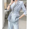 Dress Irregular Pleated Thin Blazers Coat OL Turn Down Collar Suit Cardigan Belted Jacket Tops Long Pants Spring Fall 2pcs Set 240112