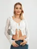 Blusas femininas Mulheres Lace Crop Top Y2K Sheer Malha Ver através de Flare Manga Longa Gravata Frente Slim Cardigan Clubwear