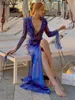 Hugcitar Ruffles v Neck Long Sleeves bandage Slit Sexy BodyCon See See Seel Maxi Dress Fall Women Beach Vacace Outfit Y2K 240112