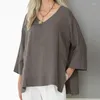 Robes décontractées Haut de chemise en lin de coton à col en V pour femmes avec manches quarts fentes latérales coupe ample grand t-shirt