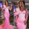 Luxe Fuchsia Aso Ebi Robes De Bal Pour Occasions Spéciales Illusion Tulle Sirène Manches Longues Dentelle Perlée Robes De Soirée Formelles Robe De Fête D'anniversaire Élégante NL538