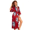 Women's Sleepwear 2024 Satin Clear Blue Red Flame Pajamas Summer Large Light Luxury 7/4 Sleeves Home Furnishing Bathrobe Printing