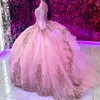 Rosa quinceanera klänningar bollklänning födelsedagsfest klänning långärmad guld applikation spets söt spets upp 15 16 klänning vestidos de quinceanera