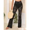 Calças femininas Capris Mulheres Y Lace Ver através de Malha Sheer Cintura Alta Stretchy Slim Calças Oca Out Skinny Flare Bell-Bot Drop Entregar Otdyc