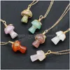 Mignon Champignon Charme Pierre Naturelle Pendentif Collier Guérison Agates Jades Violet Rose Quartz Pendum Fil Wrap Cristal Bijoux Drop Deli Dhysj