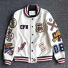 Streetwear PU Leather Baseball Jackets Mens Harajuku Casual Letter Pattern Flocking Embroidery Y2K Motorcycler Coats Unisex 240113