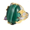 Cluster Rings Ltalian Craftsmanship Retro Personality S925 Silver Gilt Inlaid Malachite Oval Egg Surface Opening Ring Female