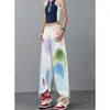 Jeans pour femmes Femmes Blanc Streetwear Taille haute Pantalon à jambes larges Couleurs contrastées Tie-dye Vintage Femelle 2024 Printemps Pantalon droit