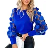 Women's Blouses Fall Spring Women Shirt See-through Mesh Round Neck Flower Decor Top Long Sleeve OL Commute Style Pullover Elegant Blouse