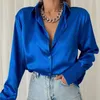 Blusas de mujer, camisa de otoño, cuello tipo Polo, blusa de oficina para mujer, camisas holgadas Vintage azul y verde con botones, Tops negros de moda