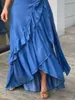 Kjolar kvinnor vintage elegant vanlig ruffle knop midja maxi kjol a-line casual streetwear party club denim ankomst 2024