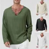 Men's T Shirts 2024 Linen Long Sleeved Solid Cotton V-neck Casual T-shirt Loose Yoga Shirt Hawaiian S-4XL