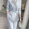 Dress Irregular Pleated Thin Blazers Coat OL Turn Down Collar Suit Cardigan Belted Jacket Tops Long Pants Spring Fall 2pcs Set 240112