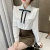 Women's Blouses Women Blouse Korean Fashion Ruffle Edge White Shirt Spliced Bow Tie Womens Tops Long Sleeved Chiffon For