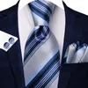 Noeuds papillon Hi-Tie rayé argent bleu hommes mode cravate mouchoir bouton de manchette pour smoking accessoire classique soie luxe cravate homme cadeau