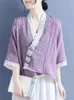 Casual Dresses Summer Ethnic Style Cotton and Linen Shirt Chinese Button Up Tie 3/4 Sleeve Patchwork Cardigan Thin Top for Women