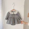 Rompers Milancel Baby Clothing Toddler Girls One Piece Plaid Body Body Long Manneve tenue H240508