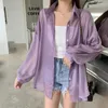 Women's Blouses QNPQYX Korean Balloon-Sleeve Sheer Chiffon Cardigan Women Summer Long Sleeve Button Up Shirts Holiday Beach Thin Cover Coat