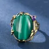 Cluster Rings Ltalian Craftsmanship Retro Personality S925 Silver Gilt Inlaid Malachite Oval Egg Surface Opening Ring Female