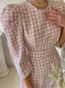 HMA Korean Chic French Style Spring Summer Tweed Dress for Women Celebrity Pink Plaid Woolen Dresses Vestidos 240112