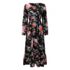 Freizeitkleider Damen Blumendruck Langarm Abgestuftes Kleid mit Rüschensaum Ausgestelltes, fließendes Maxi-Rundhals-Taillenrock Femme Robe