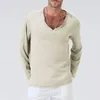 Men's T Shirts 2024 Linen Long Sleeved Solid Cotton V-neck Casual T-shirt Loose Yoga Shirt Hawaiian S-4XL